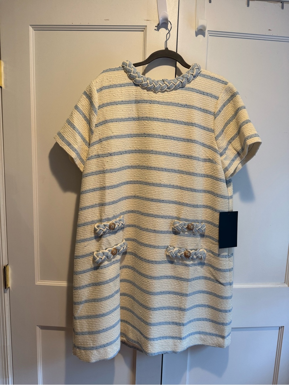 Tuckernuck Cream and Light Blue Striped Mini Dress with Braided Trim